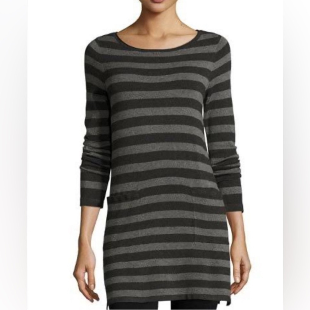 Eileen FisherLong-Sleeve Striped Tunic W/ Pockets, Charcoal. Sz. Small Petite